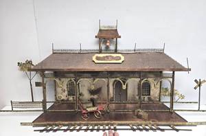lot 102 image: Large Signed Vintage C. JERE Copper & Brass 3D Wall Sculpture #2 - Whistle Stop Train Station