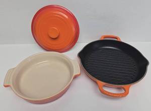lot 109 image: New or Like New LE CREUSET Ceramic Dutch Oven & Cast Iron Enameled Skillet