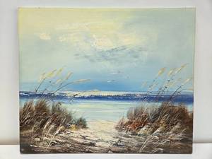 lot 262 image: Vintage Signed Oil on Canvas BeachWaterfront Scene Painting