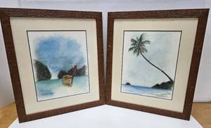 lot 267 image: Pair of Original Framed Signed Tropical Landscape DrawingsPaintings in Great Matching Frames