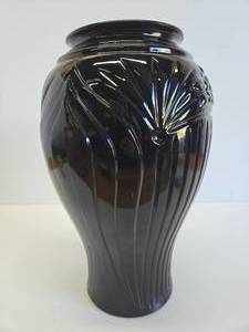 lot 335 image: LARGE Black Glass Vase wFloral Design
