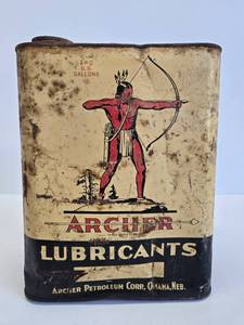 lot 342 image: Vintage ARCHER 2 Gallon Motor Oil wIndian Graphics