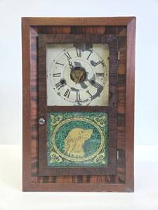 lot 354 image: Antique ANSONIA Wall Clock wGreat Looking Reverse on Glass Door wDog