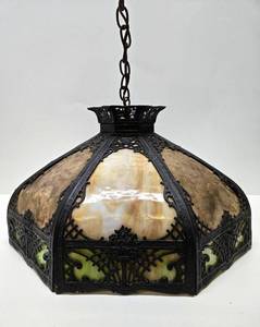 lot 364 image: Excellent Vintage Hanging Slag Glass Pendant Lamp wGreen Accents