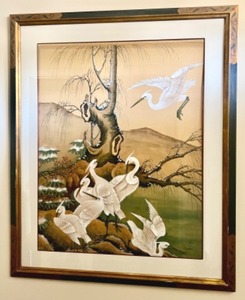 lot 2 image: Herons on the River Bank Original Tempera by Chin Wah, Framed Artwork