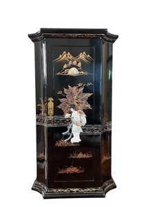 lot 5 image: Asian-Inspired Black Lacquered Cabinet with Hand-Painted and Inlaid Mother of Pearl Design