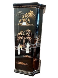 Asian-Inspired Black Lacquered Cabinet with Hand-Painted and Inlaid Mother of Pearl Design