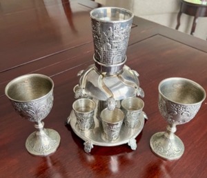 lot 8 image: Karshi Jerusalem Wine Fountain and 2 Corbell & Co Silver Plated Goblet Set