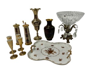 lot 24 image: Collection of Vintage Gold Colored Decor Items including Porcelain Tray, Vases, Candle Holders, and Salt & Pepper Mills