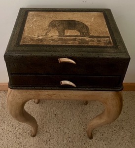 lot 33 image: Handcrafted Decorative Elephant Box on Sculpted Wooden Stand