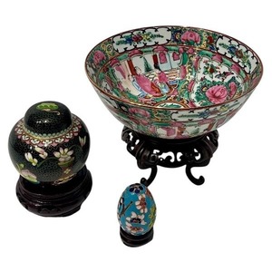 lot 37 image: Chinese Decorative Bowl, Cloisonn Jar with Lid, and Enamel Egg on Stands