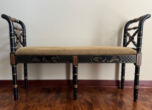 lot 40 image: Hand-Painted Black and Gold Chinoiserie Bench with Upholstered Seat