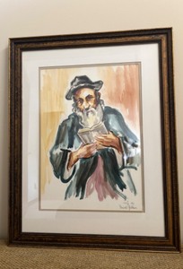 lot 45 image: Framed Signed David Gilboa Watercolor Portrait of Elderly Man Reading