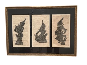 lot 47 image: Framed Trio of Asian Mythological Figure Rubbings on Handmade Paper