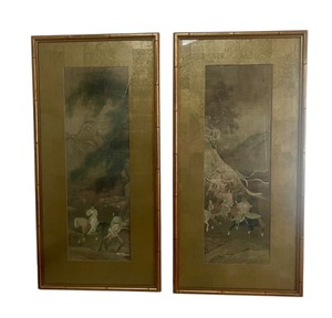 lot 48 image: Vintage Pair of Framed Asian-Style Art Prints with Bamboo Frames