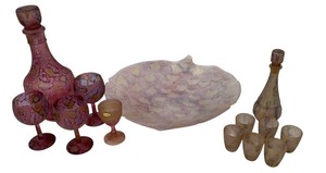 lot 49 image: Pink Art Glass Decanters, Goblets, Wine Set, and Serving Plate