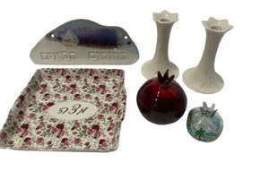lot 56 image: Ceramic and Glass Judaica Set with Pomegranate Figurines & Lenox Candle Holders 
