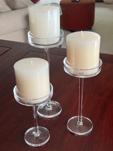 lot 64 image: Set of 3 Krosno Poland Glass Hurricane Candle Holders with Pillar Candles