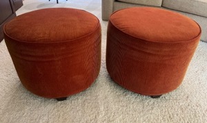 lot 73 image: Pair of Round Burnt Orange Corduroy Ottomans