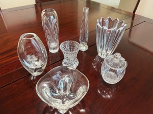 lot 44 image: Collection of 7 Small Cut Glass Bud Vases and Candy Dish including Orrefors Sweden