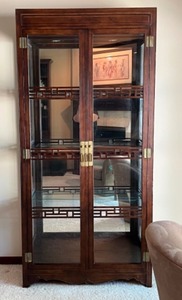 lot 14 image: Asian Inspired Glass Display Cabinet with Wooden Frame and Brass Hardware, Made in Thailand