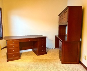lot 70 image: Four Piece Wood Office Suite - Desk with Credenza and Hutch with Extra Storage