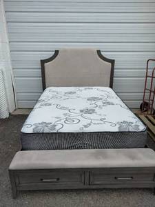 Queen Size Bed with Padded Headboard and Bench Footboard with 2 Drawers