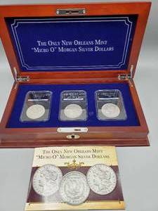 3 Coin New Orleans Micro 'O' Morgan Silver Dollar Set in Wood Case