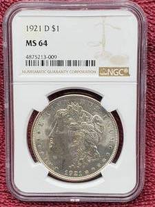 lot 7 image: 1921-D Morgan Silver Dollar, NGC Certified MS64