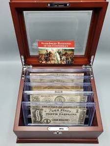 lot 9 image: 5 State-Issued Banknotes of the Confederacy--PCS Set in Wood Case