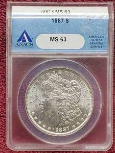 lot 28 image: 1887 Morgan Silver Dollar, ANACS Certified MS63