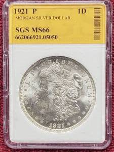 lot 51 image: 1921 Morgan Silver Dollar Vintage SGS MS66