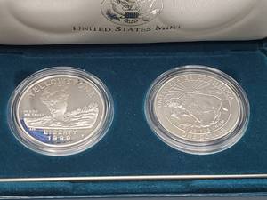 lot 55 image: 1999 Yellowstone NP 2-Coin Set Silver Dollars in Mint Case, 90% Silver