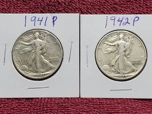 lot 74 image: 1941 & 1942 Walking Liobertry Half Dollars 90% Silver