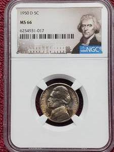 lot 89 image: 1950-D Jefferson Nickel NGC MS66--Extremely Rare in this Condition