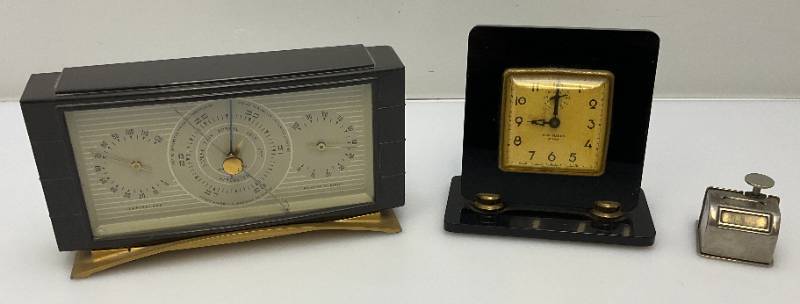 lot 2 image: (RELISTED DO TO NO SHOW)  Misc.Vintage Items Including New Haven Table Clock, Airguide Brand Barometer (Broken Glass) & Vintage Counter
