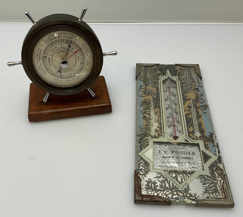 lot 3 image: (RELISTED DO TO NO SHOW) Vintage Nautical Themed Airguide Barometer (Glass Cracked) & Vintage Thermometer With J.B. Poshek New Brighton Advertisement