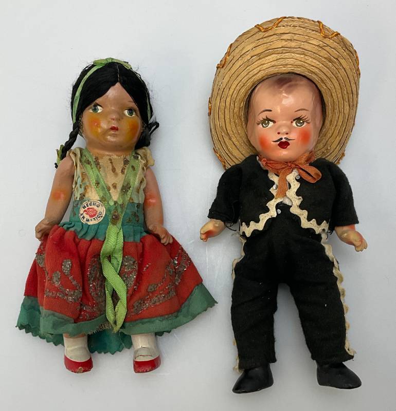 lot 8 image: (RELISTED DO TO NO SHOW) Very Old Mexican Dolls 1 Has Hecho En Mexico Paper Label
