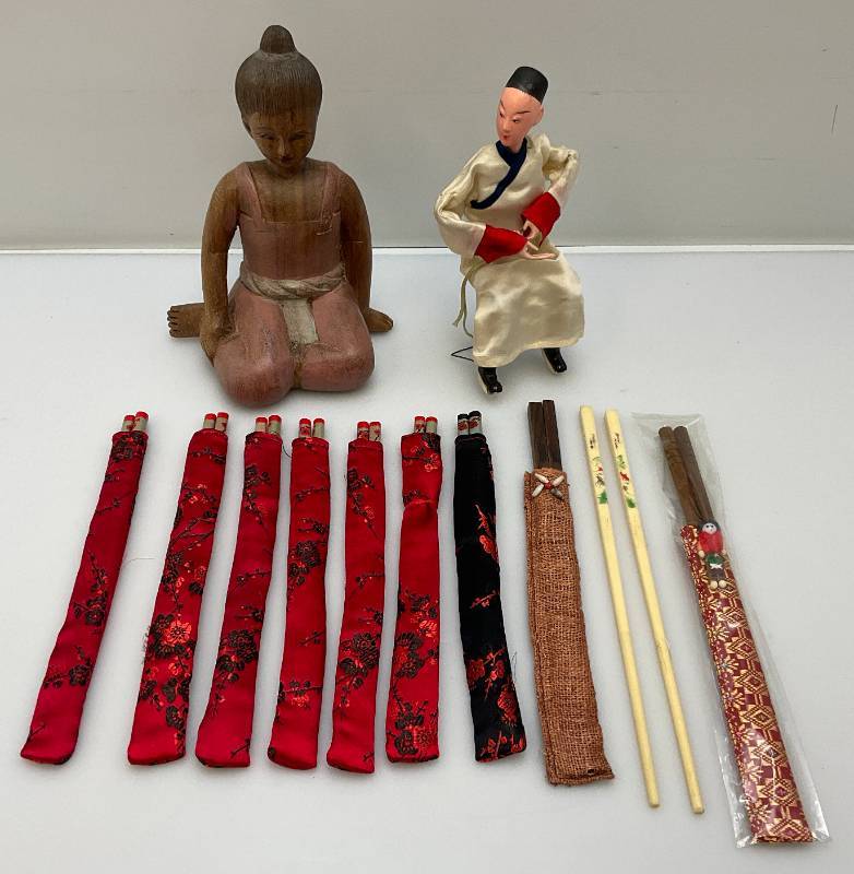 lot 12 image: (RELISTED DO TO NO SHOW) Group Of Vintage Chop Sticks & Oriental Figures