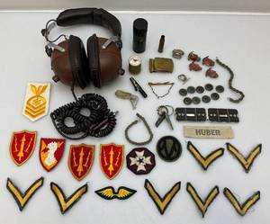 lot 94 image: Misc. Wartime Military Collectibles Including Patches, Medals, Soldiers Pocket Cribbage Board, Trench Art Ring & More