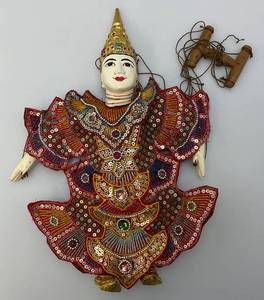 lot 112 image: Vintage Indonesian Puppet Marionette Hanging Ceramic Puppet (Needs Strings Retied)