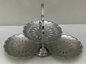 lot 155 image: Collectible Vintage Aluminum Folding Candy Serving Tray 3 Teir Dish WHandle