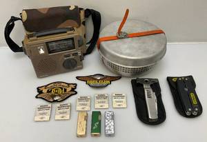 lot 216 image: Misc. Vintage Camping Items Including Muti Tools, Lighters, Cooker Set & More