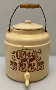 lot 218 image: Vintage One Gallon Stoneware Ceramic Crock Beer Cooler Dispenser Wood Handle (Crazing Present In Clear Coat)