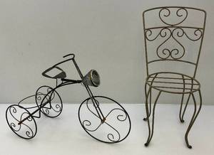lot 243 image: Metal Miniature Chair & Tricycle Garden Planters