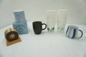 lot 41 image: Stoneware Mugs, Metal Coasters (Brass) and Cups