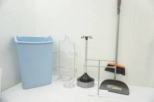 lot 54 image: Trash Can, Plunger, Shower Rack, Broom and Dust Pan