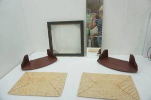 lot 172 image: Frameless Mirror, 2 Small Corner Shelves, Woven Placemats, Frame with Glass