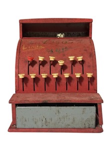 lot 74 image: Vintage 1950s Tom Thumb Toy Red Metal Cash Register  Bank