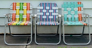lot 96 image: Three Vintage Aluminum Folding Lawn Chairs with Webbed Straps